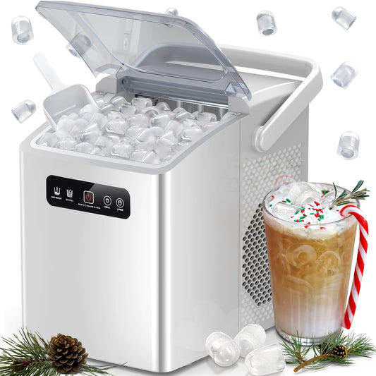 Portable Self-Cleaning Countertop Ice Maker with Handle & Ice Scoop - Two Sizes of Bullet Ice Cubes for Home, Kitchen, or Office - Stylish White Design