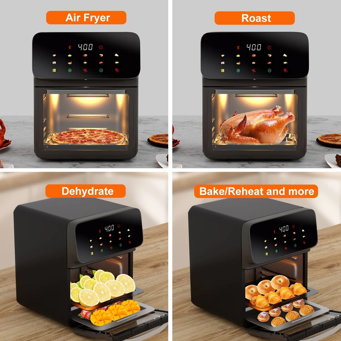 12QT Air Fryer Convection Oven - 10-in-1 Multi-Function with Touchscreen & Visible Window - Sleek Black Design