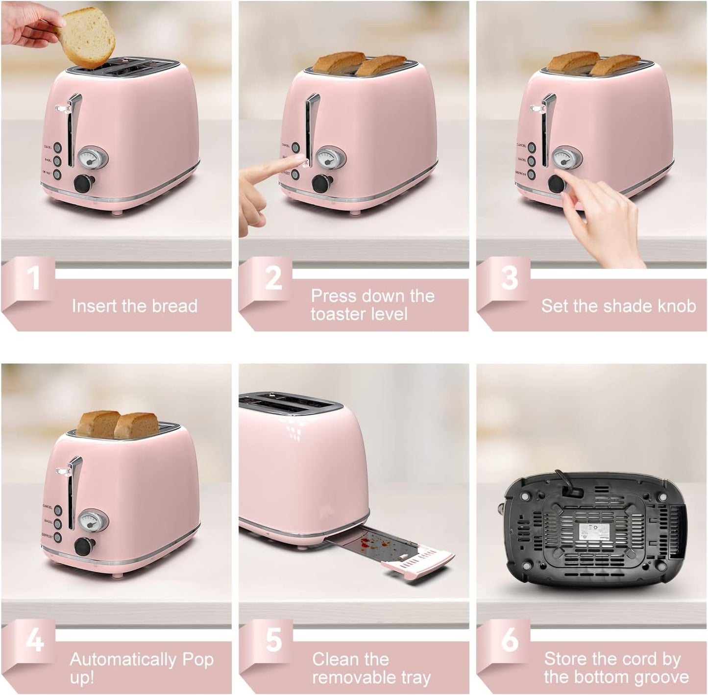 Retro Baby Pink 2-Slice Stainless Steel Toaster with 6 Settings, Extra Wide Slots & Removable Crumb Tray