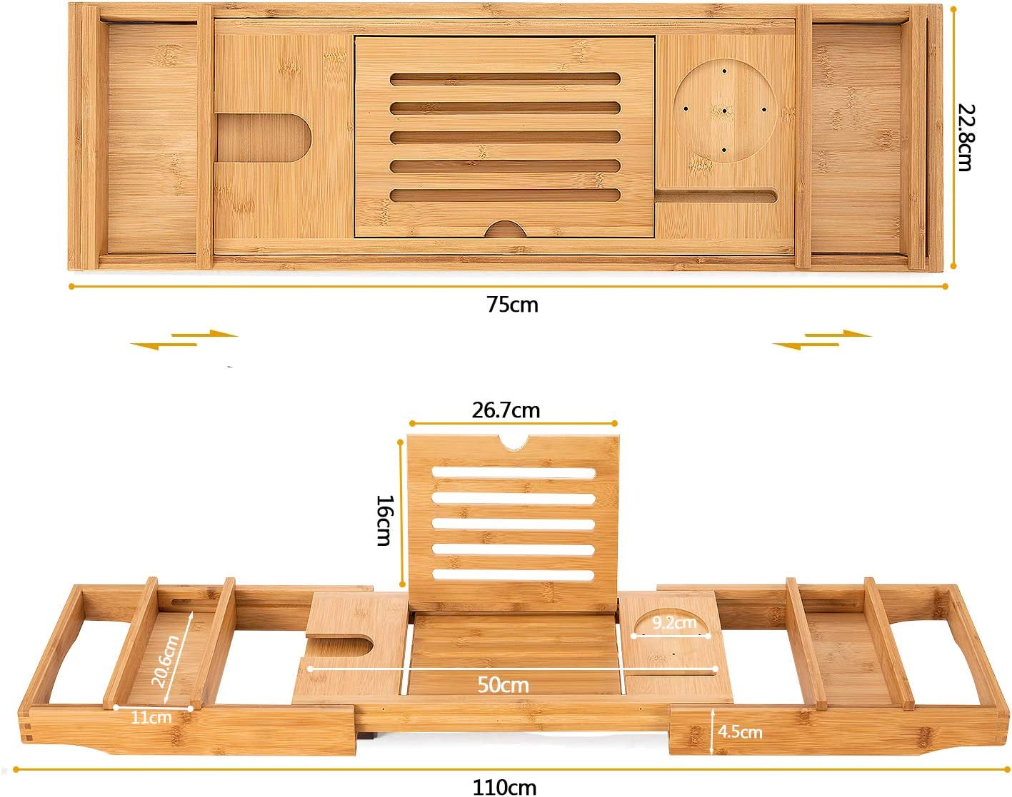 Luxury Bamboo Bathtub Caddy Tray with Extendable Sides, Wine Glass Holder & Free Soap Dish – Perfect for Relaxation!