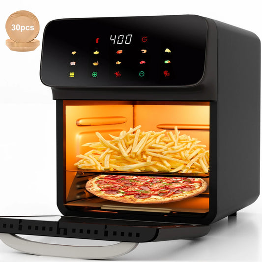 12QT Air Fryer Convection Oven - 10-in-1 Multi-Function with Touchscreen & Visible Window - Sleek Black Design