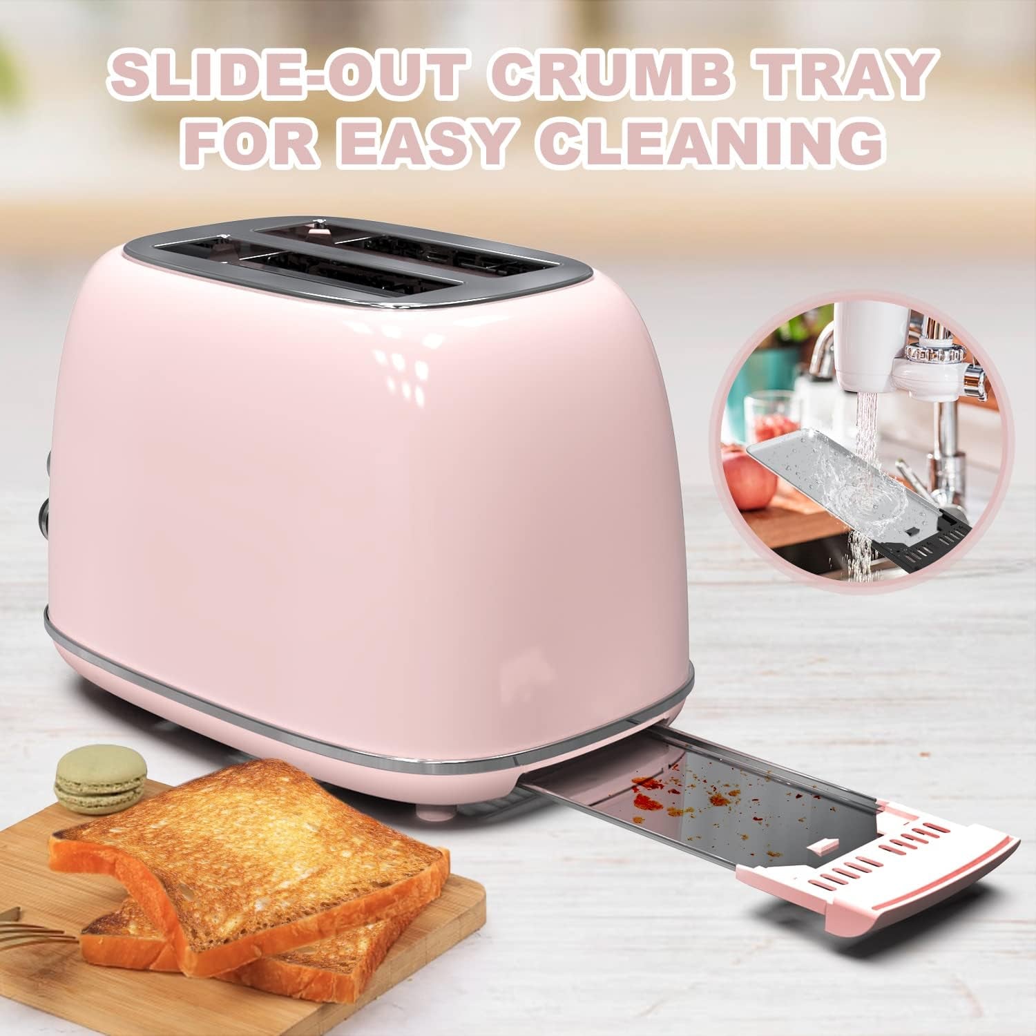 Retro Baby Pink 2-Slice Stainless Steel Toaster with 6 Settings, Extra Wide Slots & Removable Crumb Tray