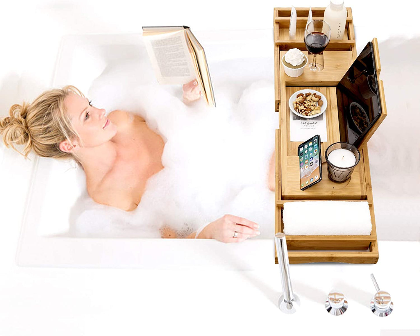 Luxury Bamboo Bathtub Caddy Tray with Extendable Sides, Wine Glass Holder & Free Soap Dish – Perfect for Relaxation!