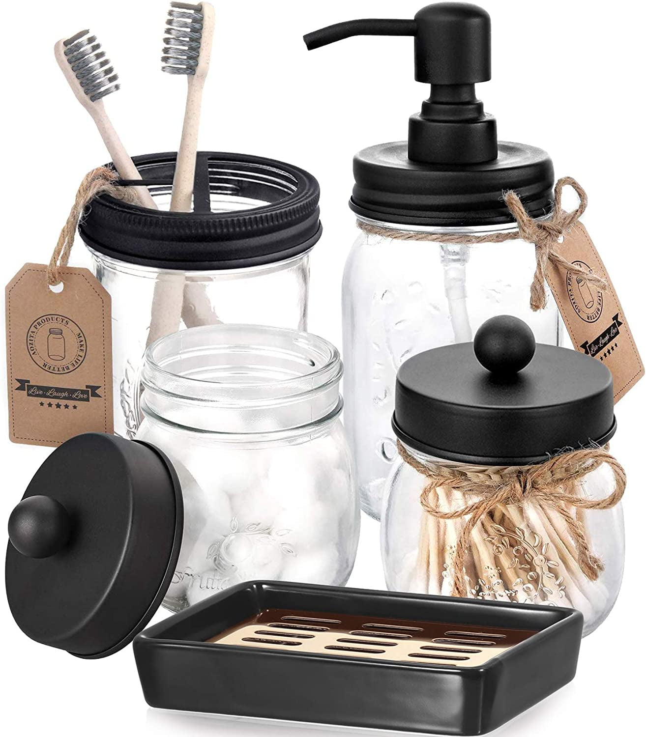 Rustic Farmhouse 5-Piece Mason Jar Bathroom Accessories Set - Soap Dispenser, Apothecary Jars, Toothbrush Holder & Ceramic Soap Dish - Stylish Home Decor in Black