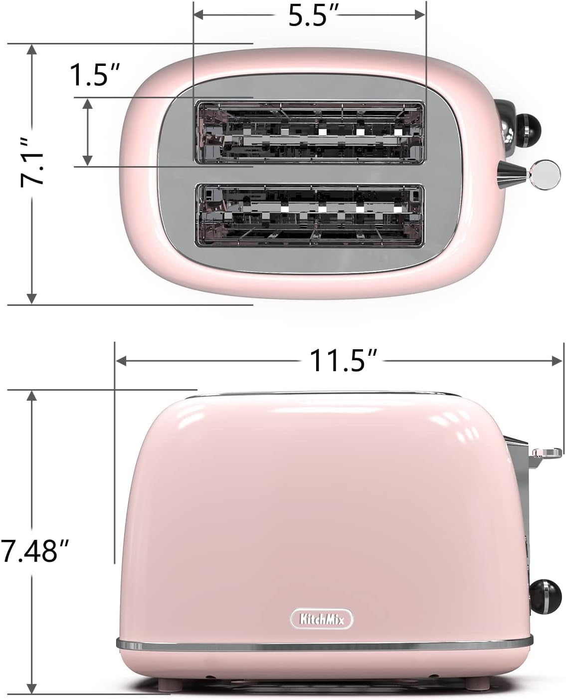 Retro Baby Pink 2-Slice Stainless Steel Toaster with 6 Settings, Extra Wide Slots & Removable Crumb Tray