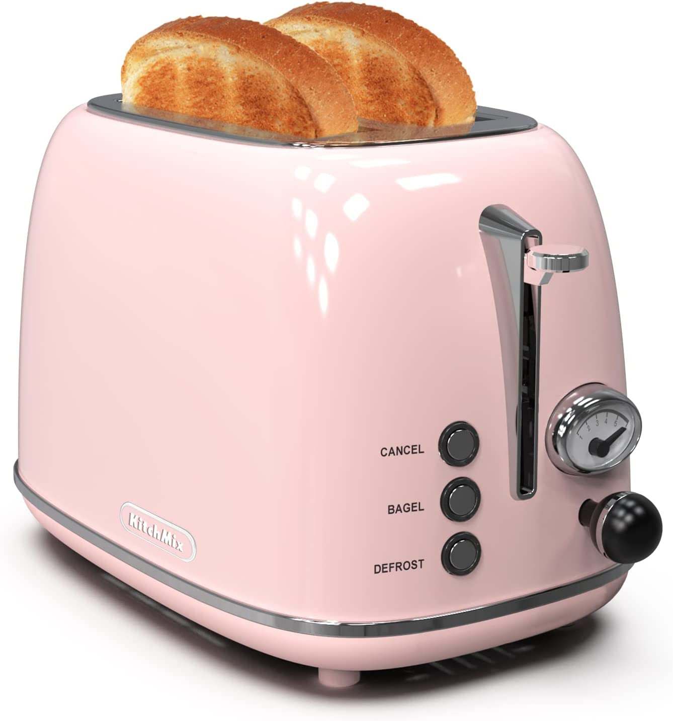 Retro Baby Pink 2-Slice Stainless Steel Toaster with 6 Settings, Extra Wide Slots & Removable Crumb Tray