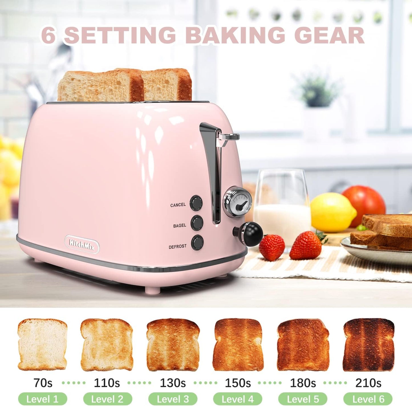 Retro Baby Pink 2-Slice Stainless Steel Toaster with 6 Settings, Extra Wide Slots & Removable Crumb Tray