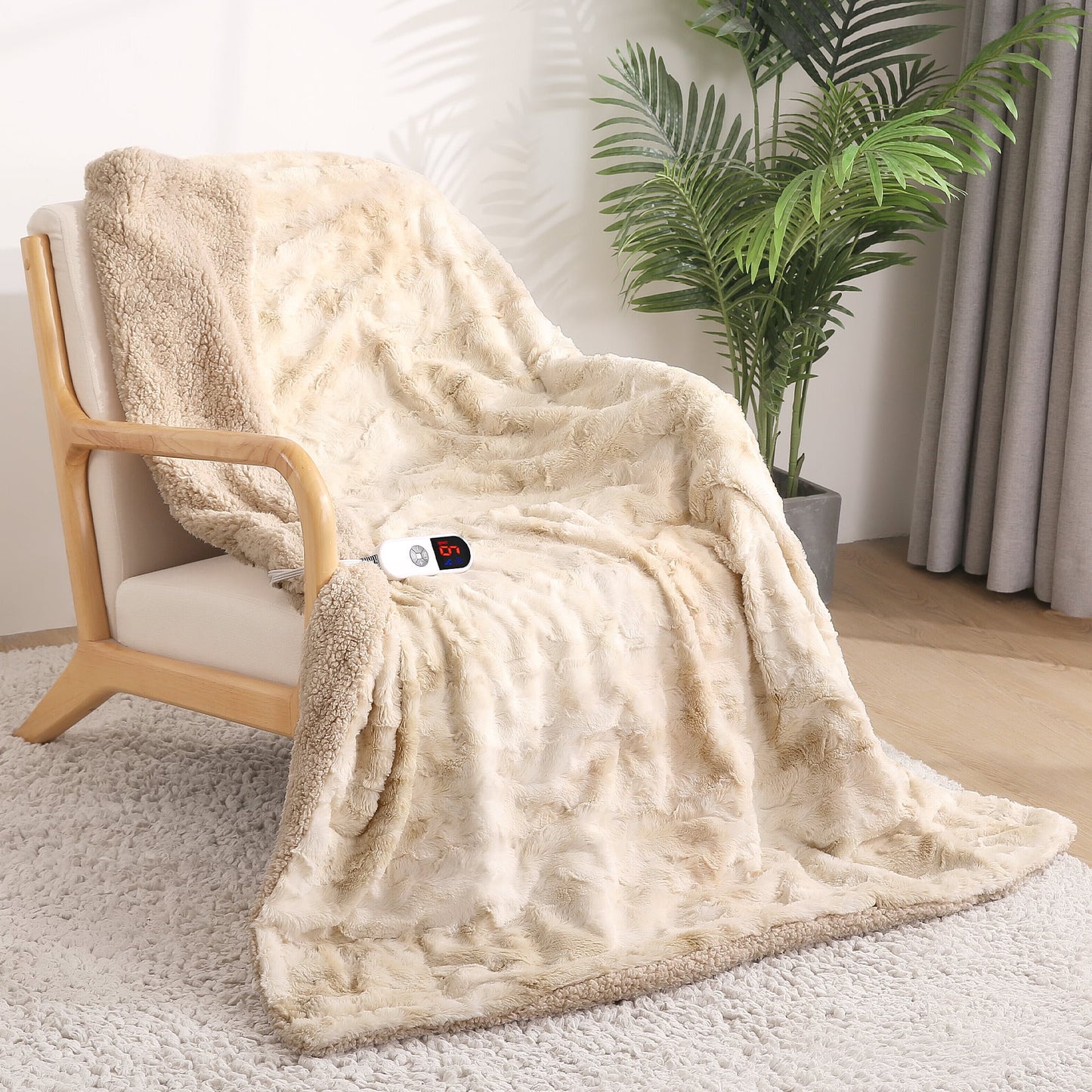 Cozy Up with Our Electric Throw Blanket - Soft Faux Fur, Heated Comfort, Large LED Display, 6 Heat Settings, 4-Hour Timer, Machine Washable - Stylish Tie-Dye Off White