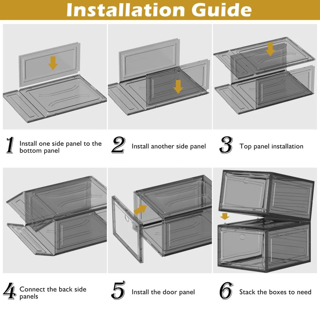 Organize Your Footwear: 9-Pack Stackable Transparent Shoe Storage Boxes with Magnetic Doors - Sleek Black Design