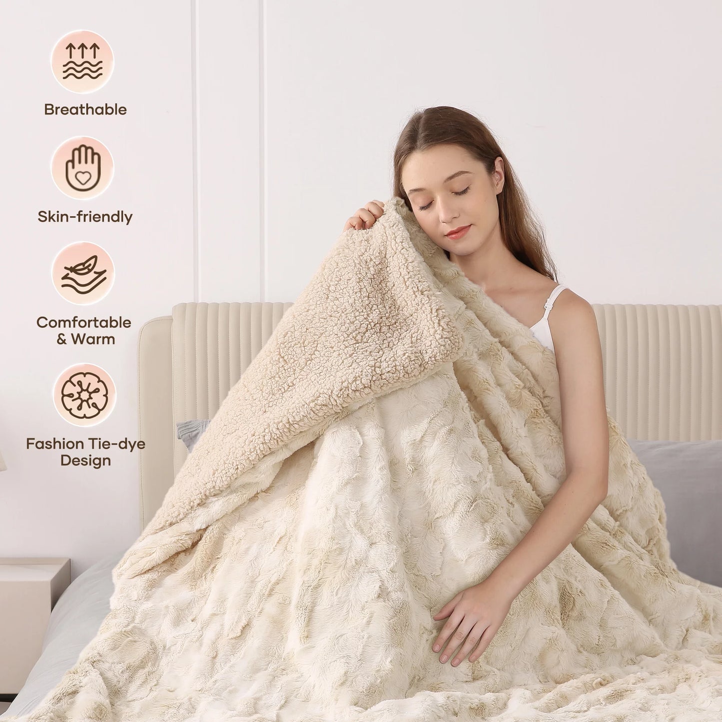 Cozy Up with Our Electric Throw Blanket - Soft Faux Fur, Heated Comfort, Large LED Display, 6 Heat Settings, 4-Hour Timer, Machine Washable - Stylish Tie-Dye Off White