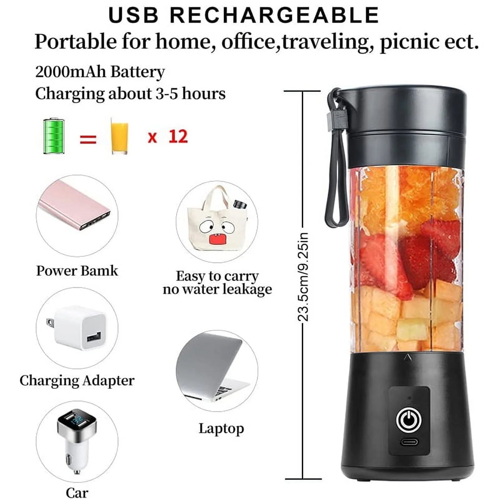 Portable Battery-Powered Blender - Sleek Black Design for Smoothies On-the-Go