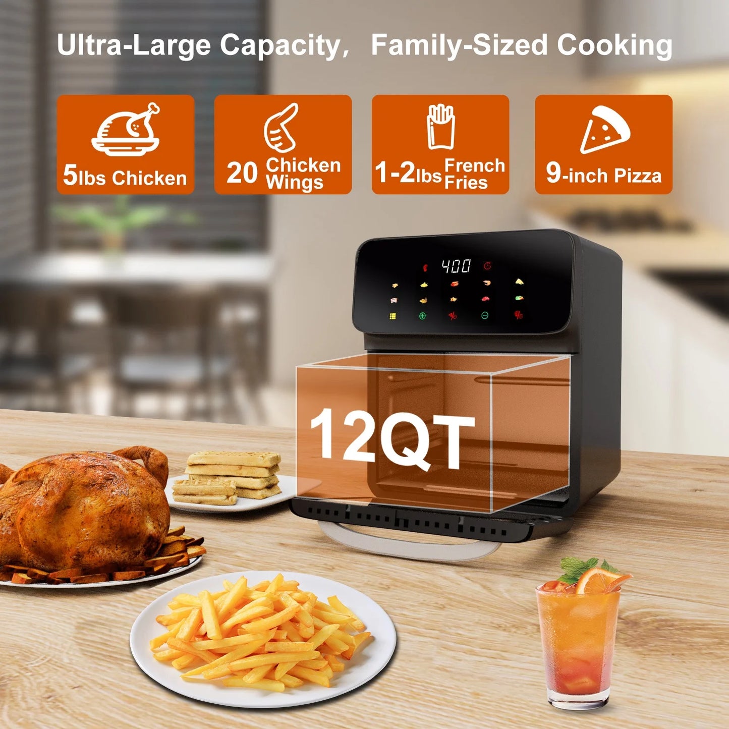 12QT Air Fryer Convection Oven - 10-in-1 Multi-Function with Touchscreen & Visible Window - Sleek Black Design