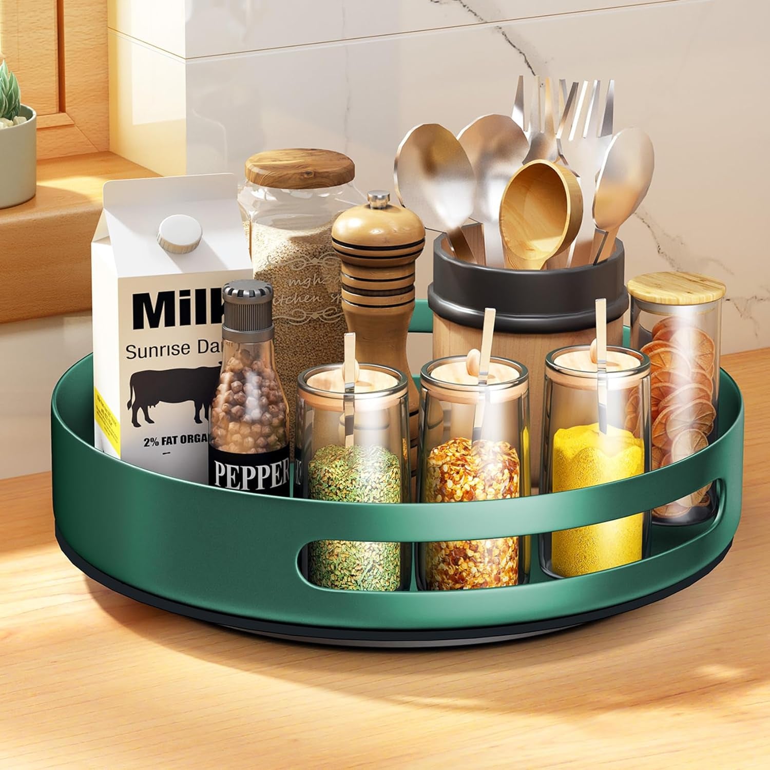 Stylish 10-Inch Dark Green Metal Lazy Susan Organizer - Perfect Rotating Spice Rack for Pantry & Cabinet Storage