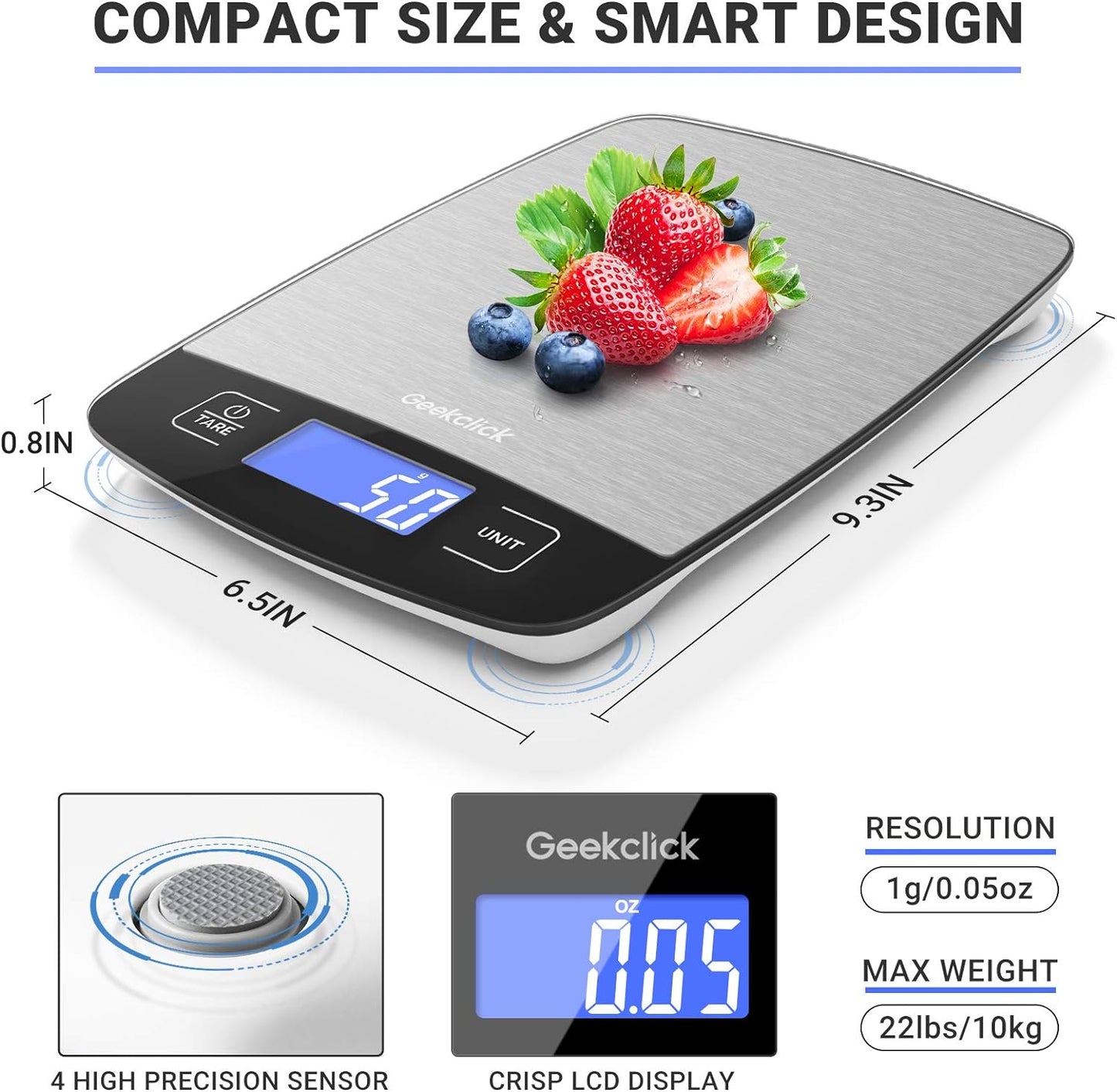 Precision Digital Kitchen Scale - Compact Food Weight Scale for Grams & Ounces, Ideal for Baking, Cooking, Meal Prep & Weight Loss, Easy Clean Stainless Steel Design