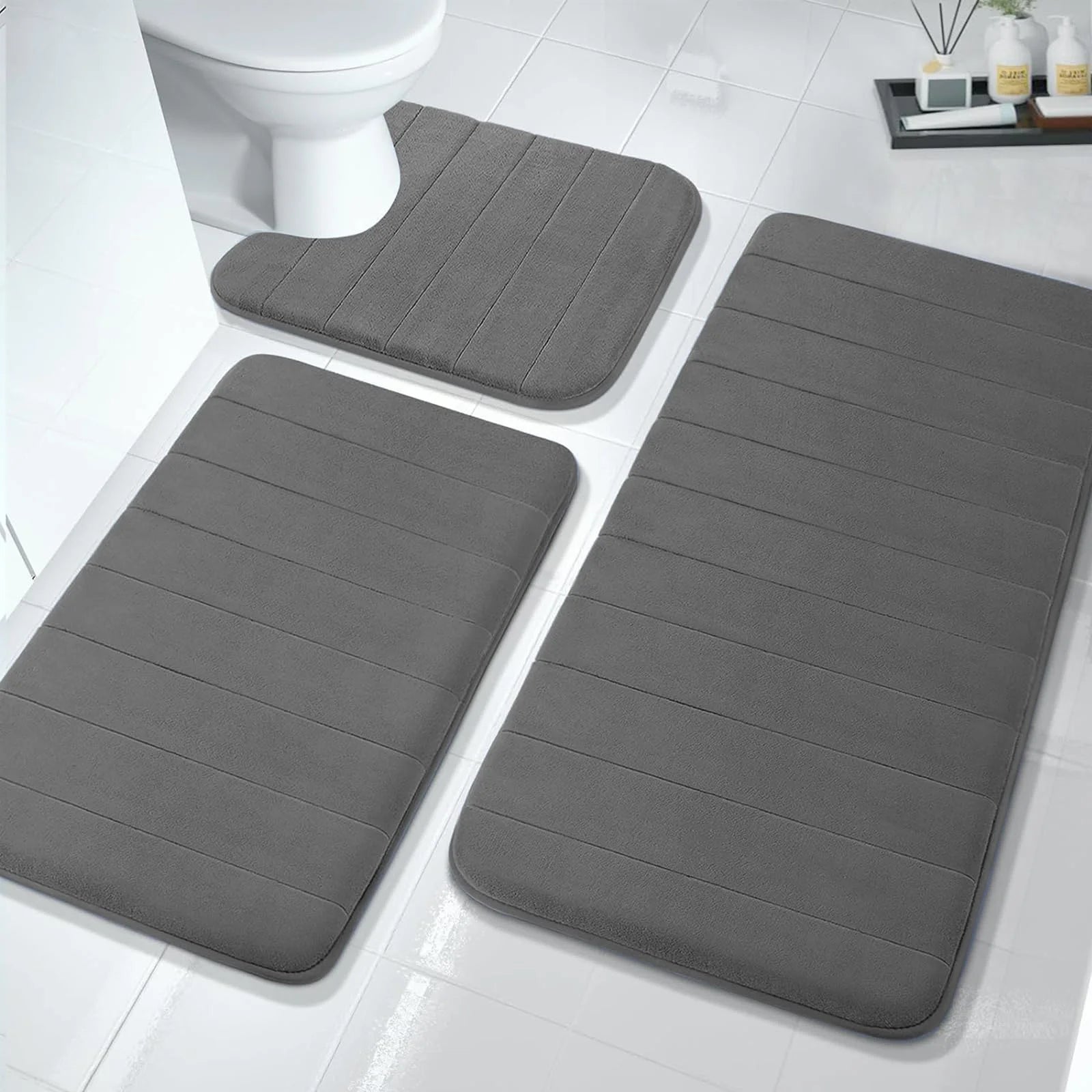 Luxury Dark Gray Memory Foam Bathroom Mat Set - 3 Piece Non-Slip & Absorbent Collection (44.1"x24" + 31.5"x19.8")