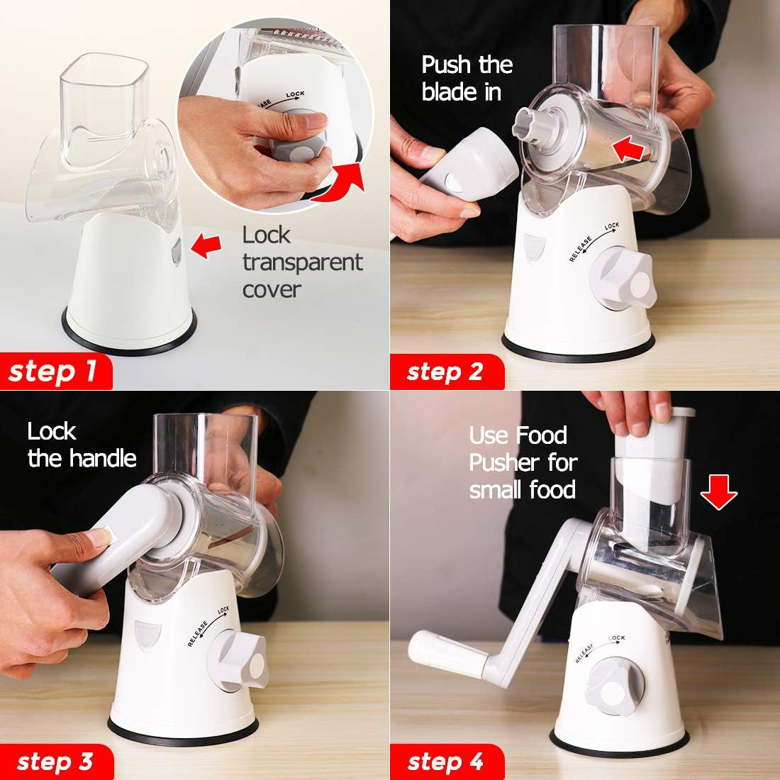 Rotary Cheese Grater with 3 Blades - Manual Vegetable Slicer & Nut Grinder with Non-Slip Suction Base and Brush Peeler - White