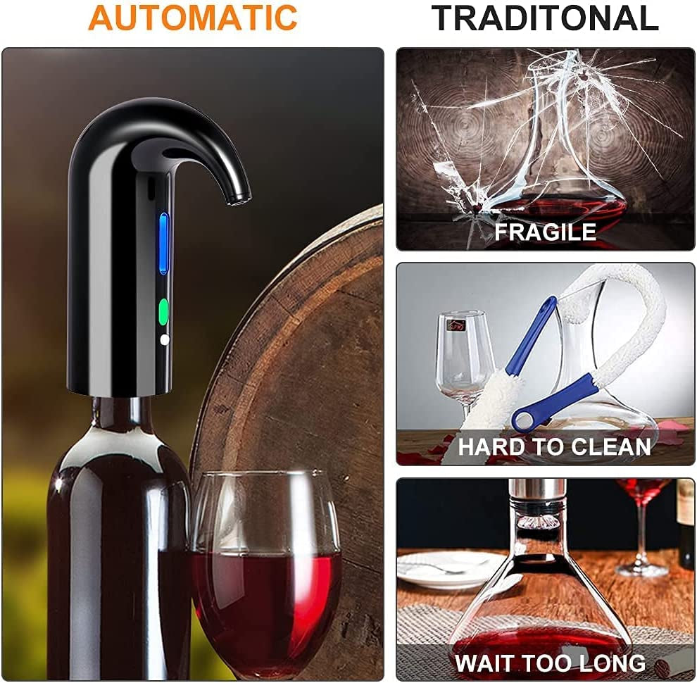 Electric Wine Aerator & Dispenser Pump - USB Rechargeable Automatic Wine Pourer for Home, Travel & Bar (Black)