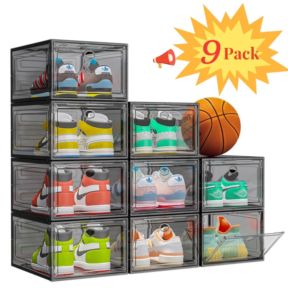 Organize Your Footwear: 9-Pack Stackable Transparent Shoe Storage Boxes with Magnetic Doors - Sleek Black Design