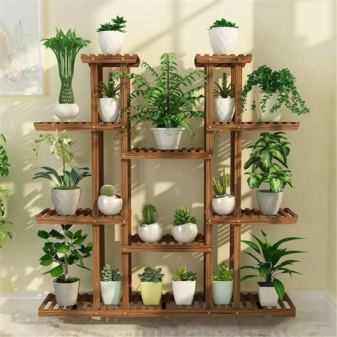 UNHO 46-Inch Multi-Tier Wooden Plant Stand - Stylish 16-Shelf Flower Rack for Indoor & Outdoor Use - Perfect for Patios and Gardens