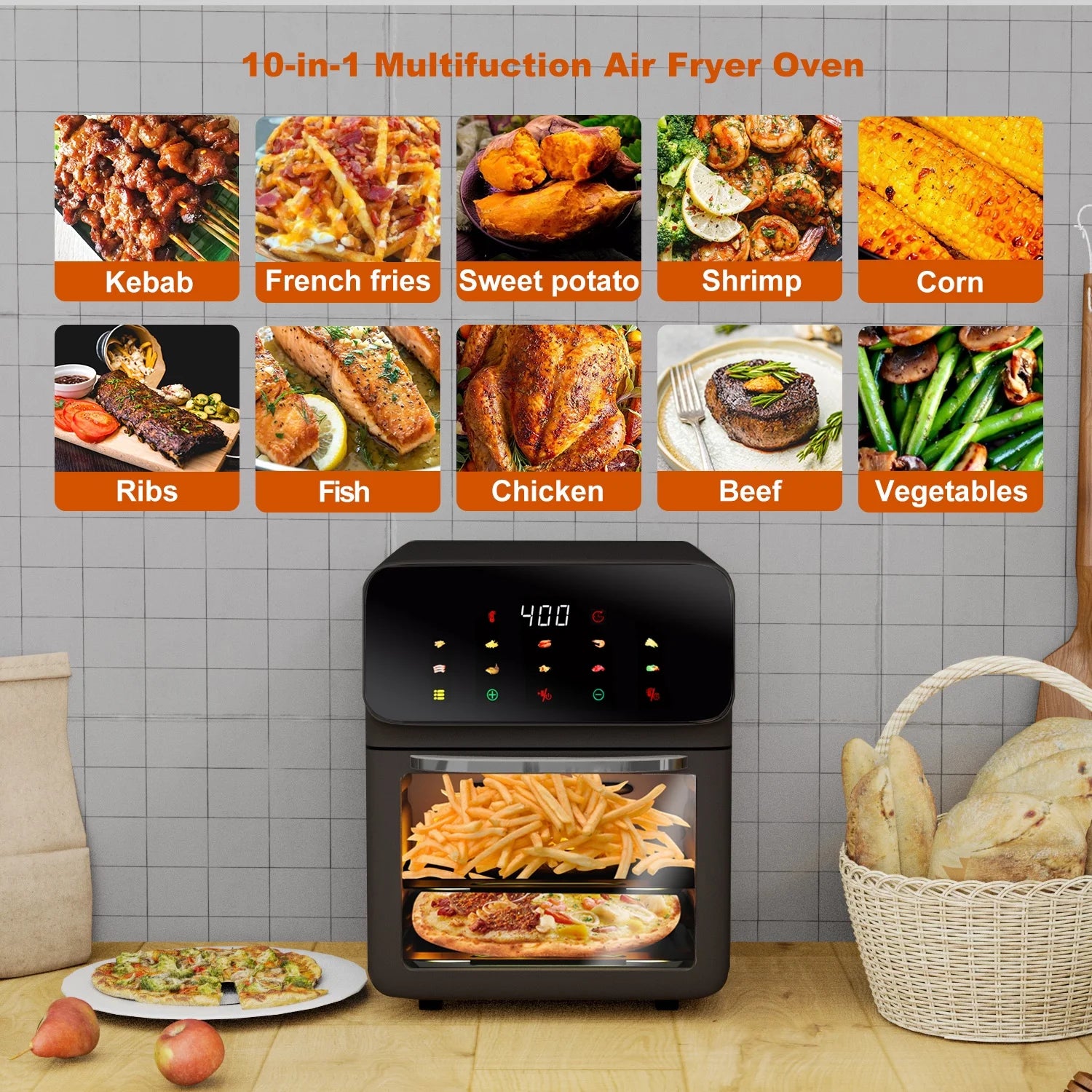 12QT Air Fryer Convection Oven - 10-in-1 Multi-Function with Touchscreen & Visible Window - Sleek Black Design