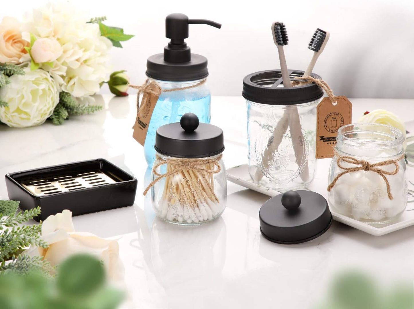 Rustic Farmhouse 5-Piece Mason Jar Bathroom Accessories Set - Soap Dispenser, Apothecary Jars, Toothbrush Holder & Ceramic Soap Dish - Stylish Home Decor in Black