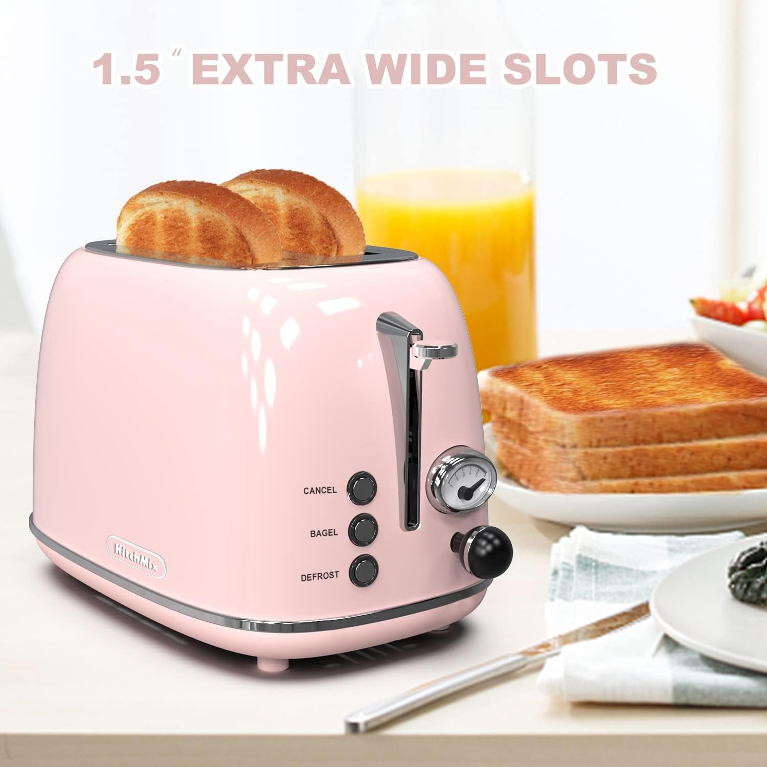 Retro Baby Pink 2-Slice Stainless Steel Toaster with 6 Settings, Extra Wide Slots & Removable Crumb Tray