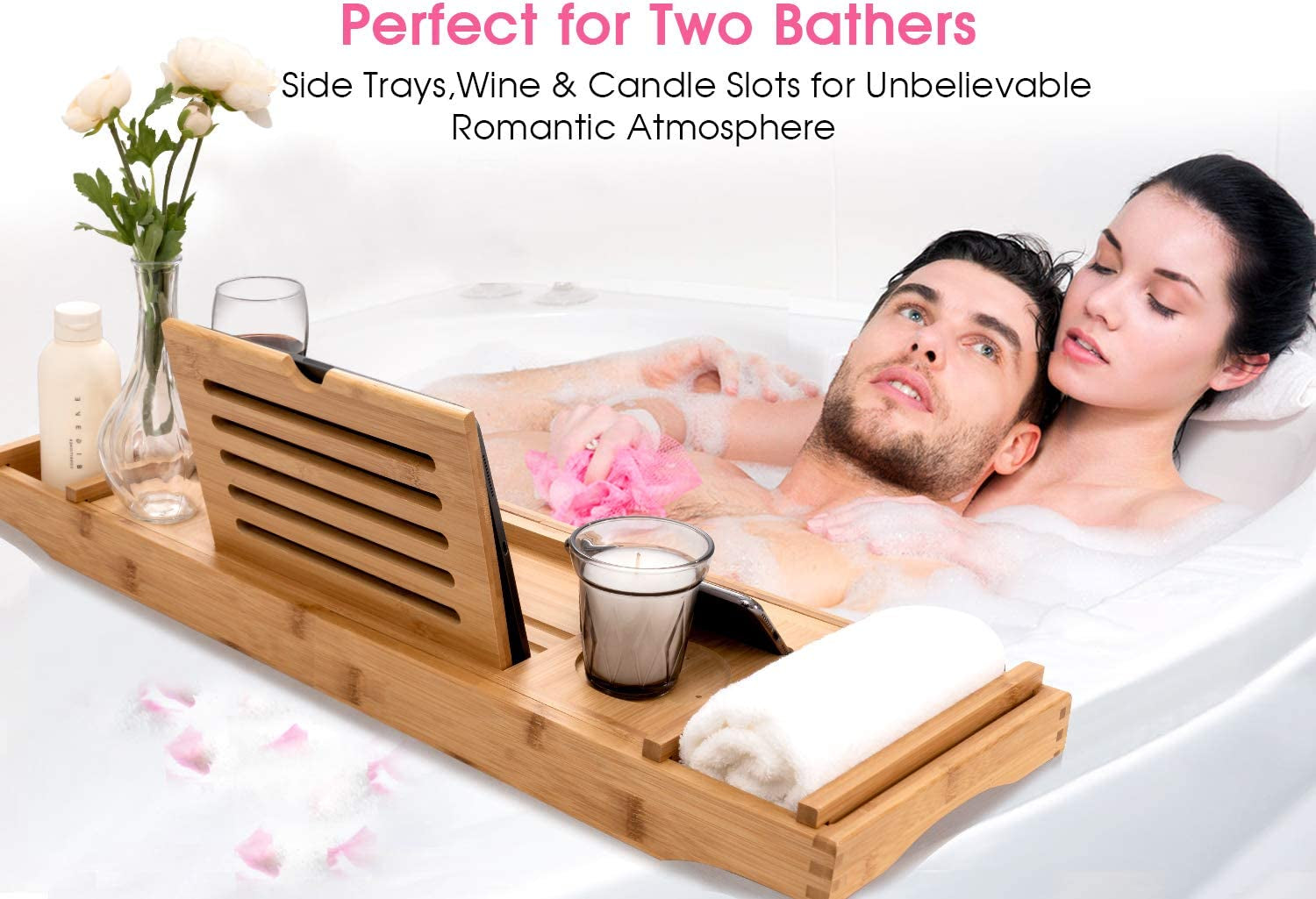 Luxury Bamboo Bathtub Caddy Tray with Extendable Sides, Wine Glass Holder & Free Soap Dish – Perfect for Relaxation!