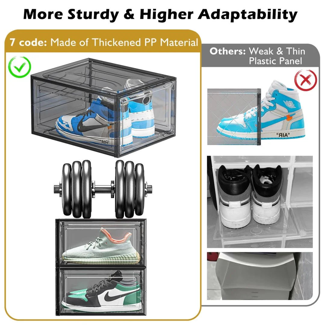 Organize Your Footwear: 9-Pack Stackable Transparent Shoe Storage Boxes with Magnetic Doors - Sleek Black Design