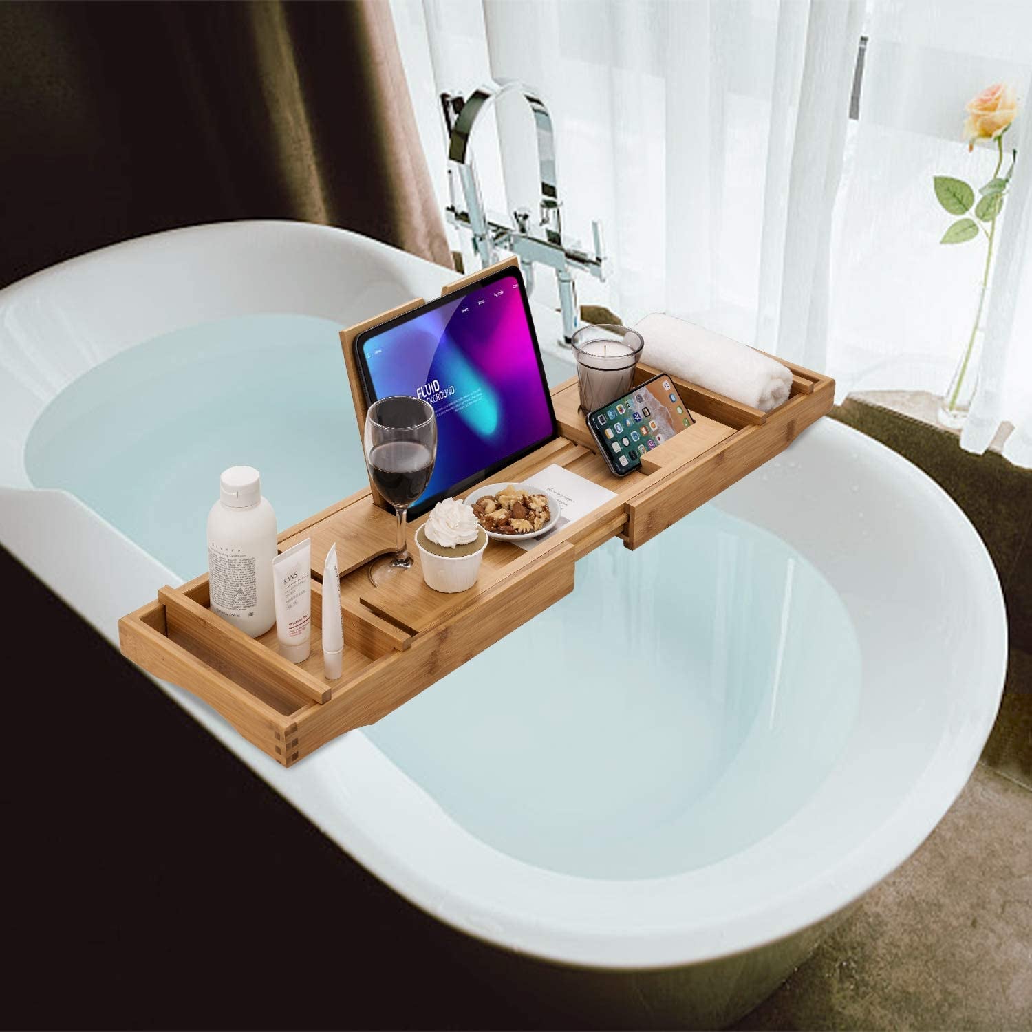 Luxury Bamboo Bathtub Caddy Tray with Extendable Sides, Wine Glass Holder & Free Soap Dish – Perfect for Relaxation!