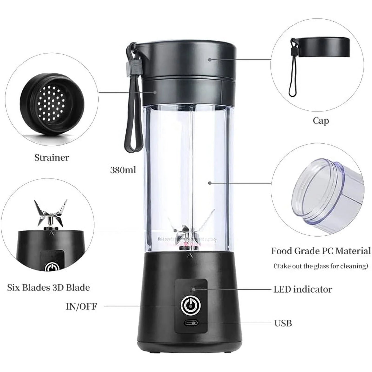 Portable Battery-Powered Blender - Sleek Black Design for Smoothies On-the-Go