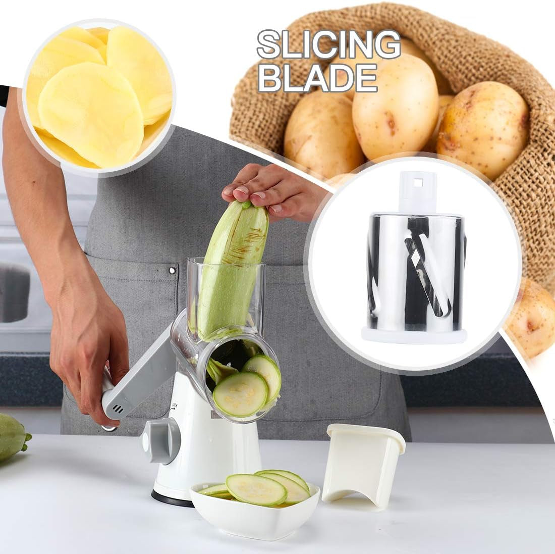 Rotary Cheese Grater with 3 Blades - Manual Vegetable Slicer & Nut Grinder with Non-Slip Suction Base and Brush Peeler - White