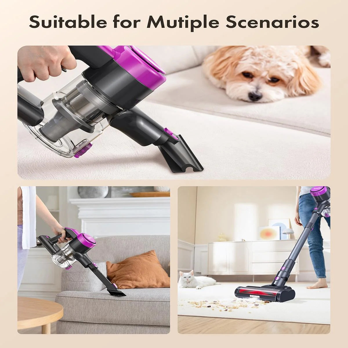 Powerful Cordless Vacuum Cleaner - 300W 23Kpa Suction, LED Display, 3 Modes, 48Mins Runtime, Lightweight Stick with Sofa Brush for Hard Floors, Carpets & Pet Hair - Sleek Black Design