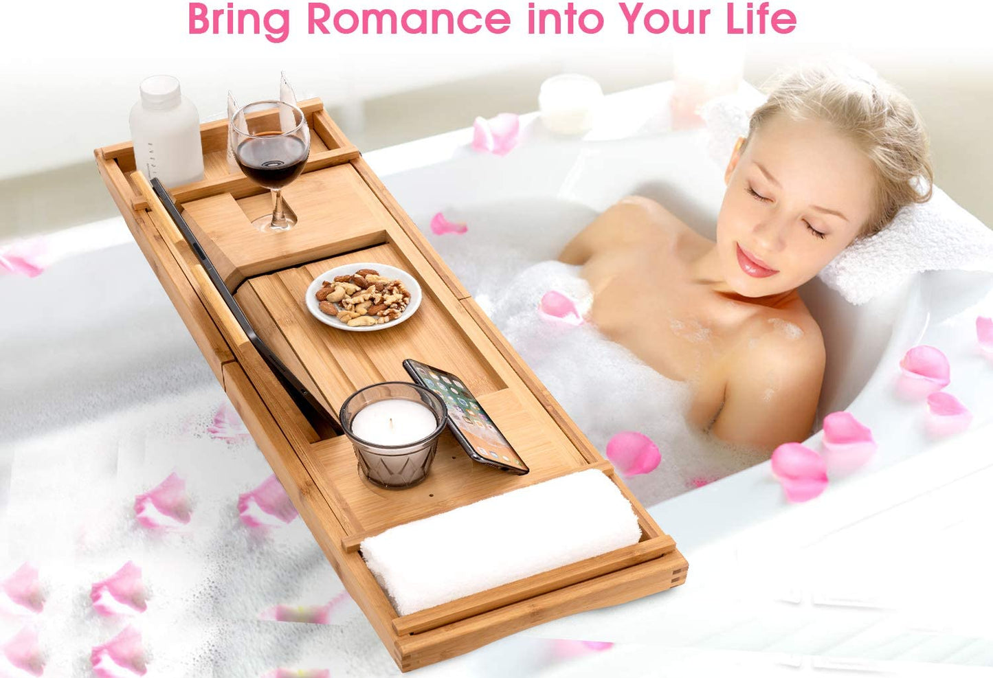 Luxury Bamboo Bathtub Caddy Tray with Extendable Sides, Wine Glass Holder & Free Soap Dish – Perfect for Relaxation!