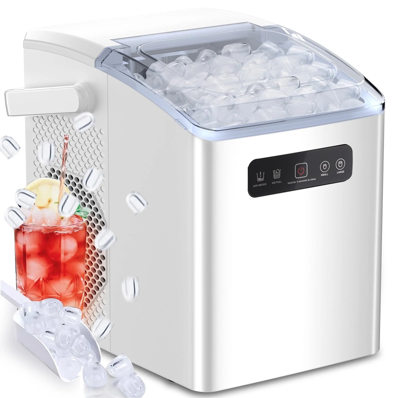 Portable Self-Cleaning Countertop Ice Maker with Handle & Ice Scoop - Two Sizes of Bullet Ice Cubes for Home, Kitchen, or Office - Stylish White Design