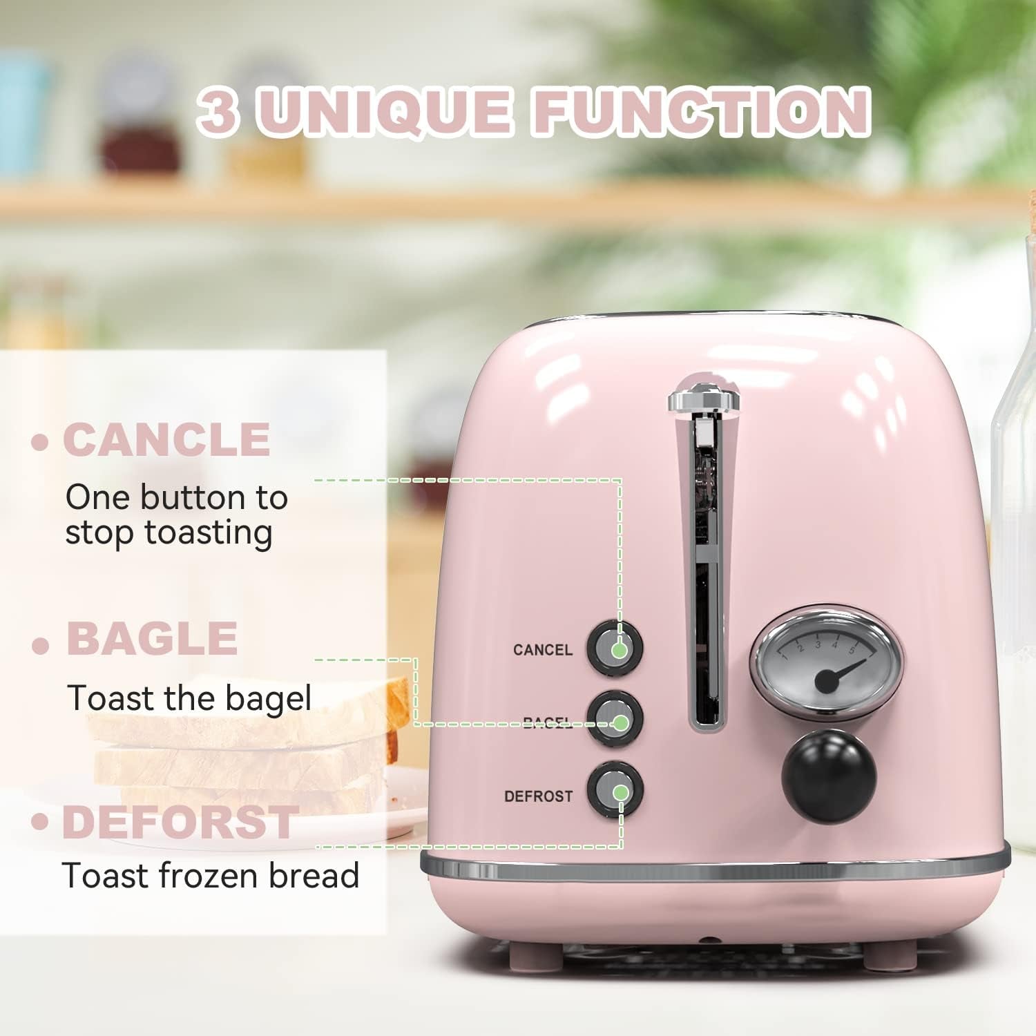 Retro Baby Pink 2-Slice Stainless Steel Toaster with 6 Settings, Extra Wide Slots & Removable Crumb Tray