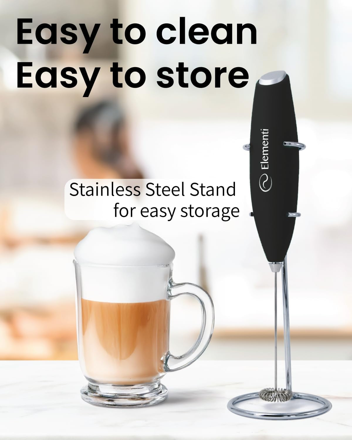 Premium Handheld Milk Frother & Drink Mixer - Electric Coffee & Matcha Foamer with Stand (Black)