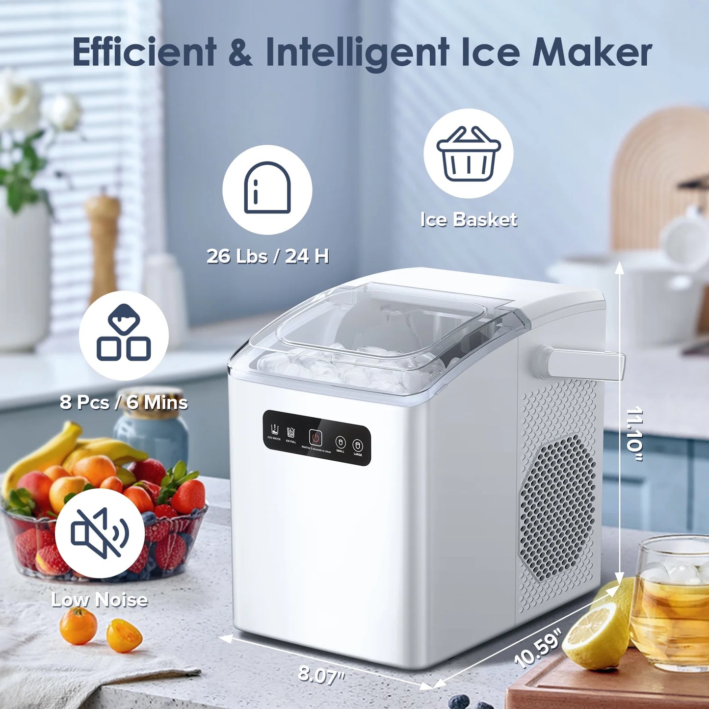 Portable Self-Cleaning Countertop Ice Maker with Handle & Ice Scoop - Two Sizes of Bullet Ice Cubes for Home, Kitchen, or Office - Stylish White Design