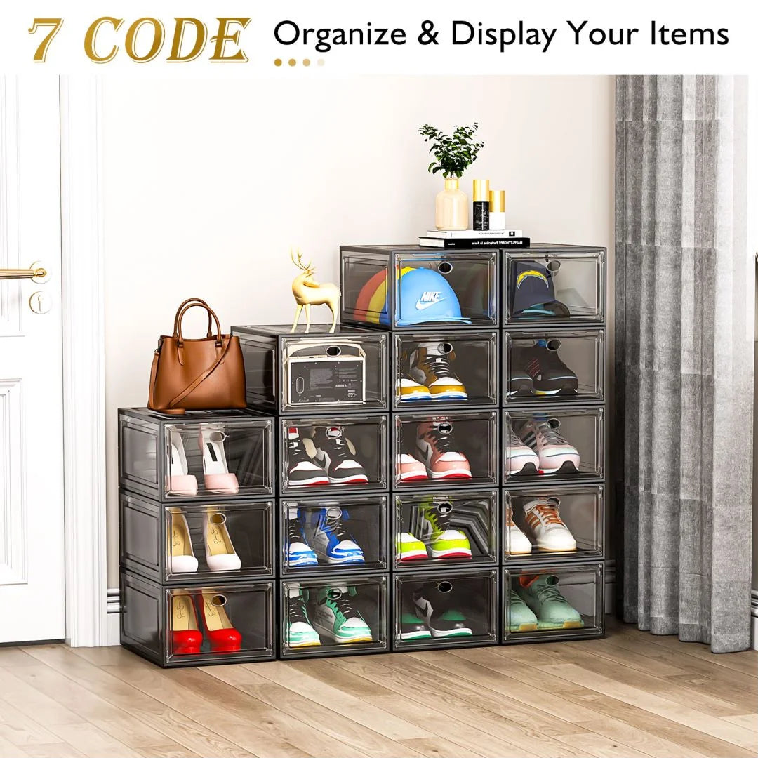 Organize Your Footwear: 9-Pack Stackable Transparent Shoe Storage Boxes with Magnetic Doors - Sleek Black Design