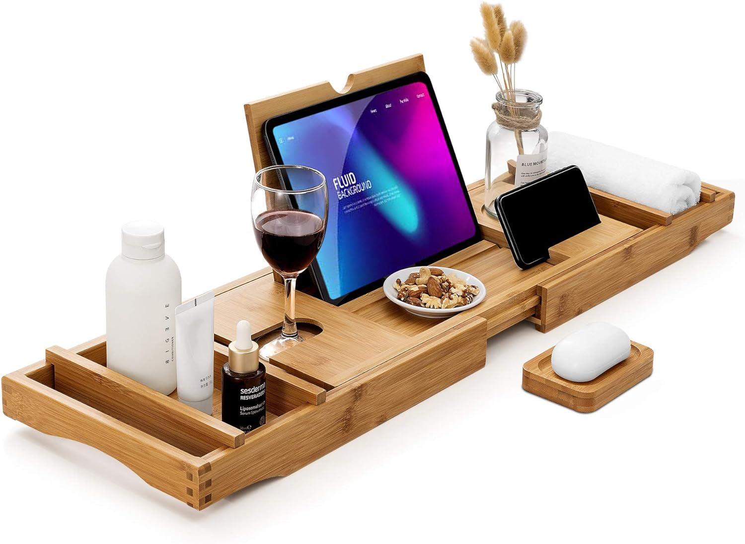 Luxury Bamboo Bathtub Caddy Tray with Extendable Sides, Wine Glass Holder & Free Soap Dish – Perfect for Relaxation!