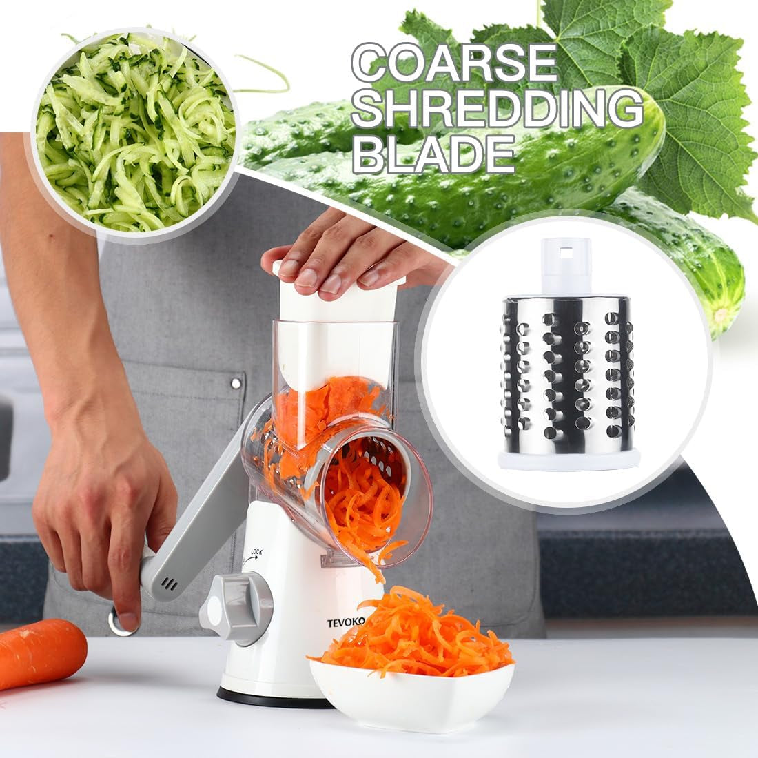 Rotary Cheese Grater with 3 Blades - Manual Vegetable Slicer & Nut Grinder with Non-Slip Suction Base and Brush Peeler - White