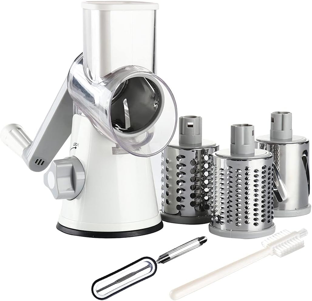 Rotary Cheese Grater with 3 Blades - Manual Vegetable Slicer & Nut Grinder with Non-Slip Suction Base and Brush Peeler - White