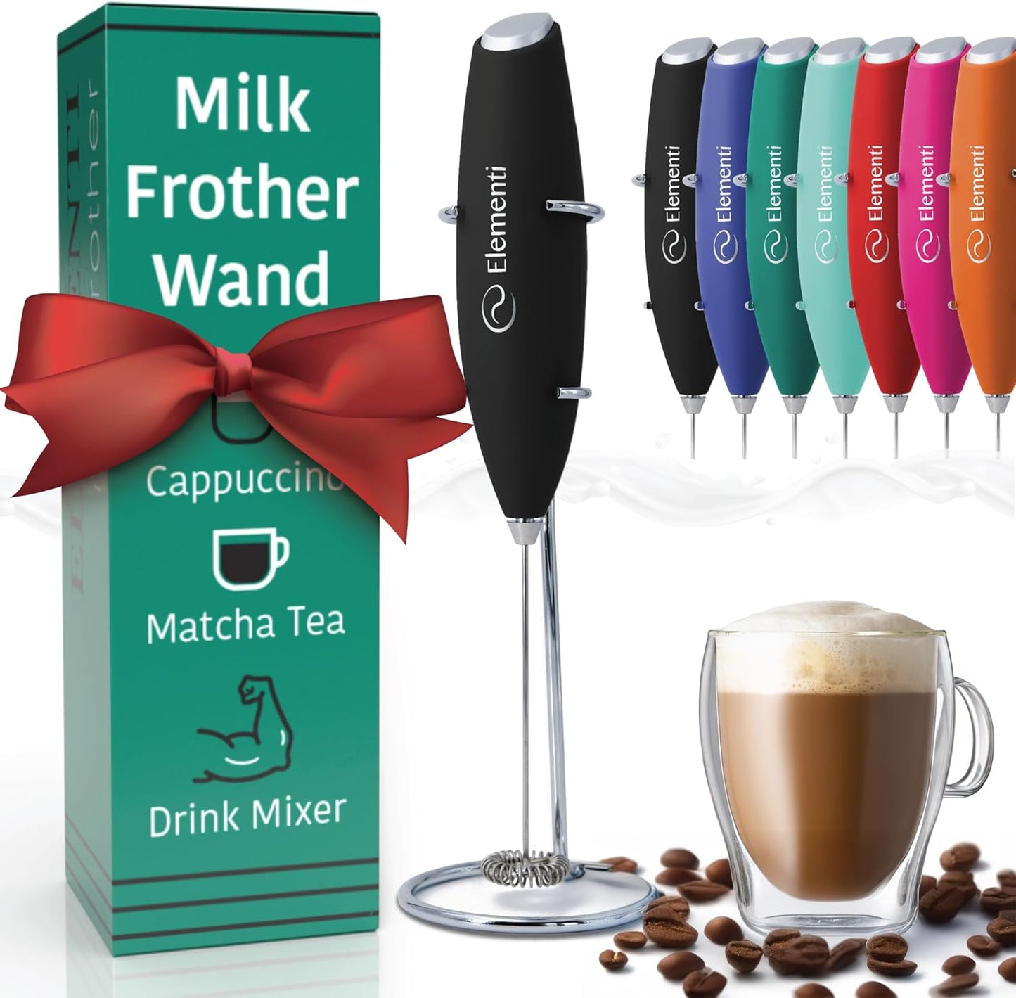 Premium Handheld Milk Frother & Drink Mixer - Electric Coffee & Matcha Foamer with Stand (Black)