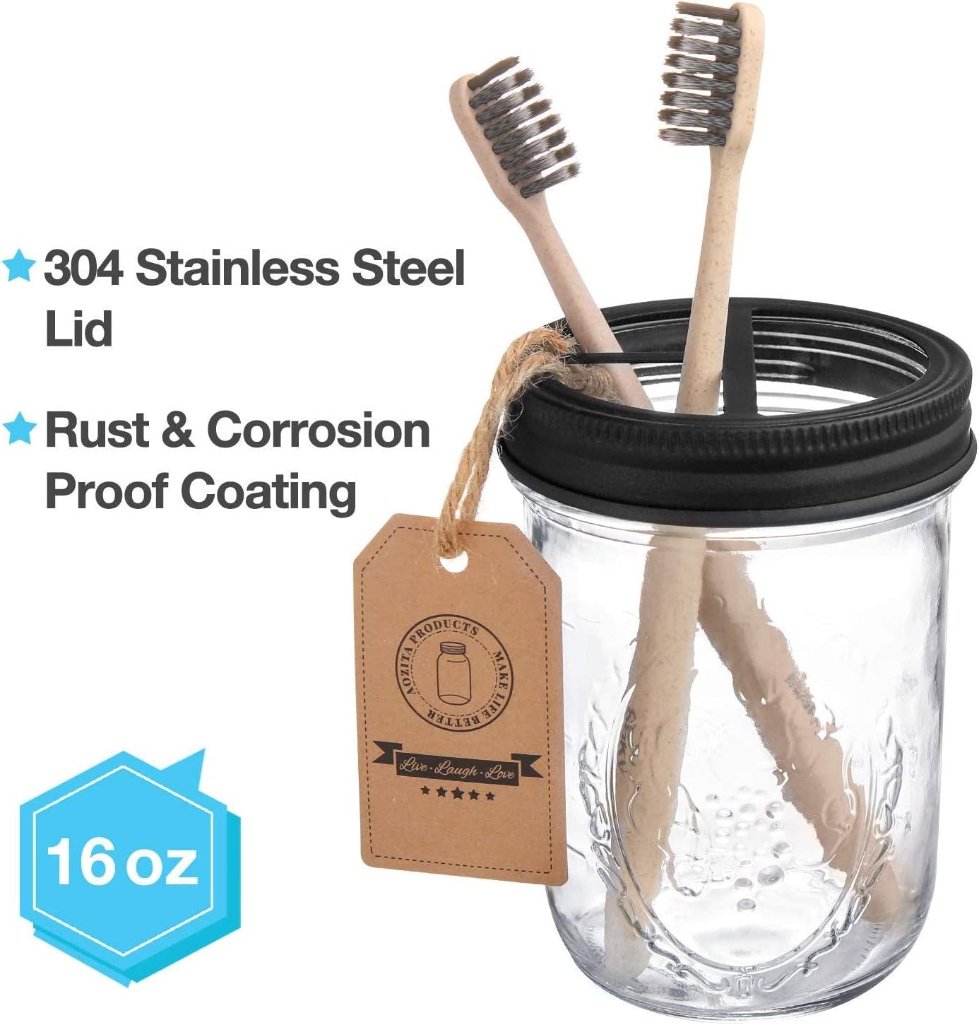 Rustic Farmhouse 5-Piece Mason Jar Bathroom Accessories Set - Soap Dispenser, Apothecary Jars, Toothbrush Holder & Ceramic Soap Dish - Stylish Home Decor in Black