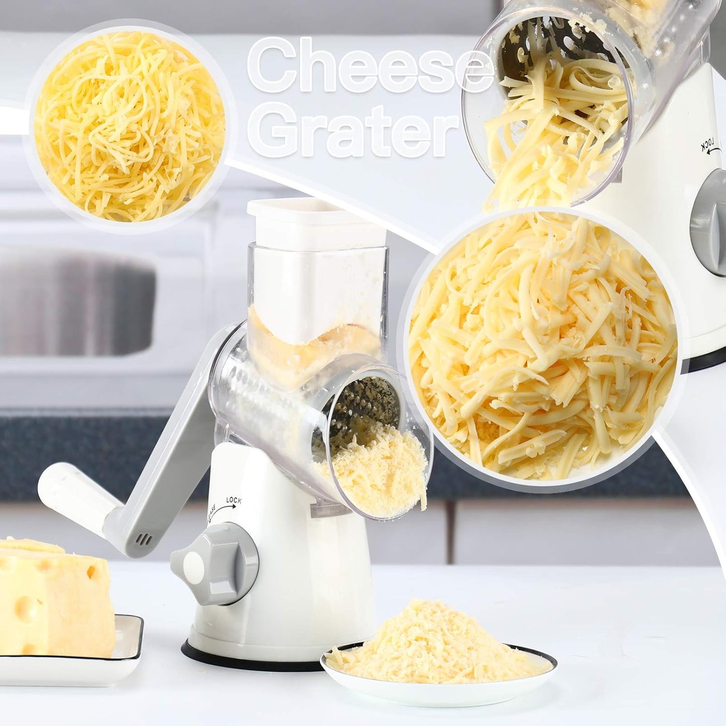 Rotary Cheese Grater with 3 Blades - Manual Vegetable Slicer & Nut Grinder with Non-Slip Suction Base and Brush Peeler - White