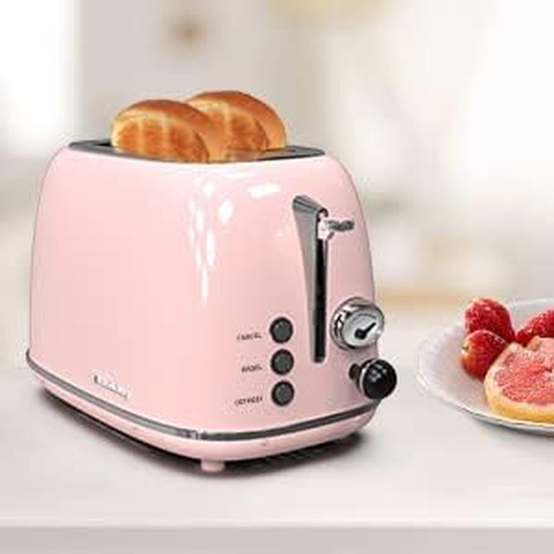 Retro Baby Pink 2-Slice Stainless Steel Toaster with 6 Settings, Extra Wide Slots & Removable Crumb Tray